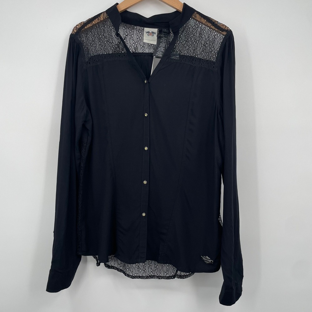 Harley-Davidson Womens Black Lace Mixed Media Button Up Shirt 96178-16VW L